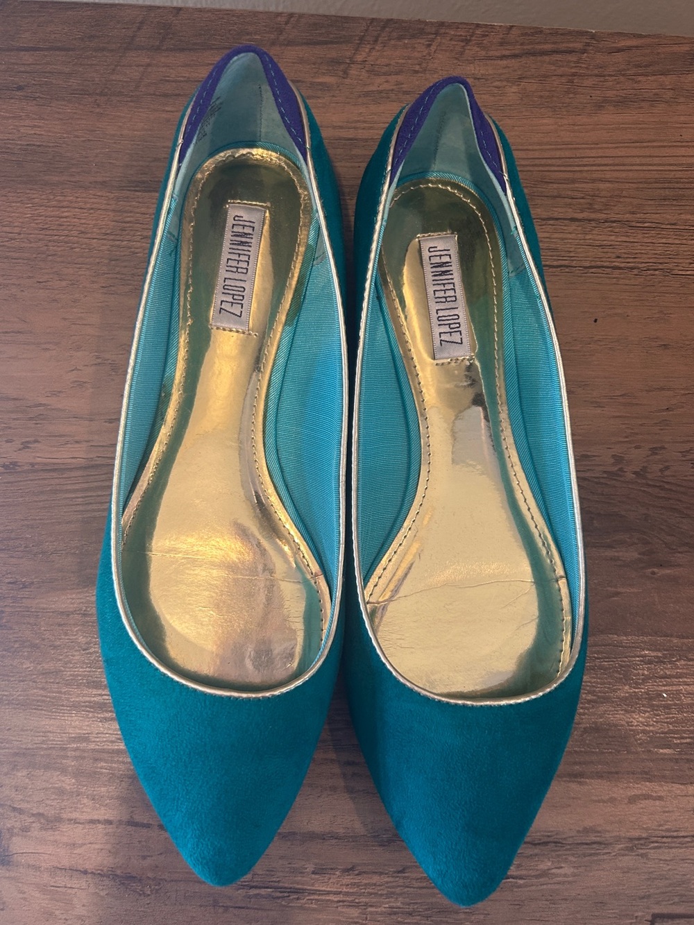 Jennifer Lopez Teal Suede Ballet Flats with Purple Heel Accent